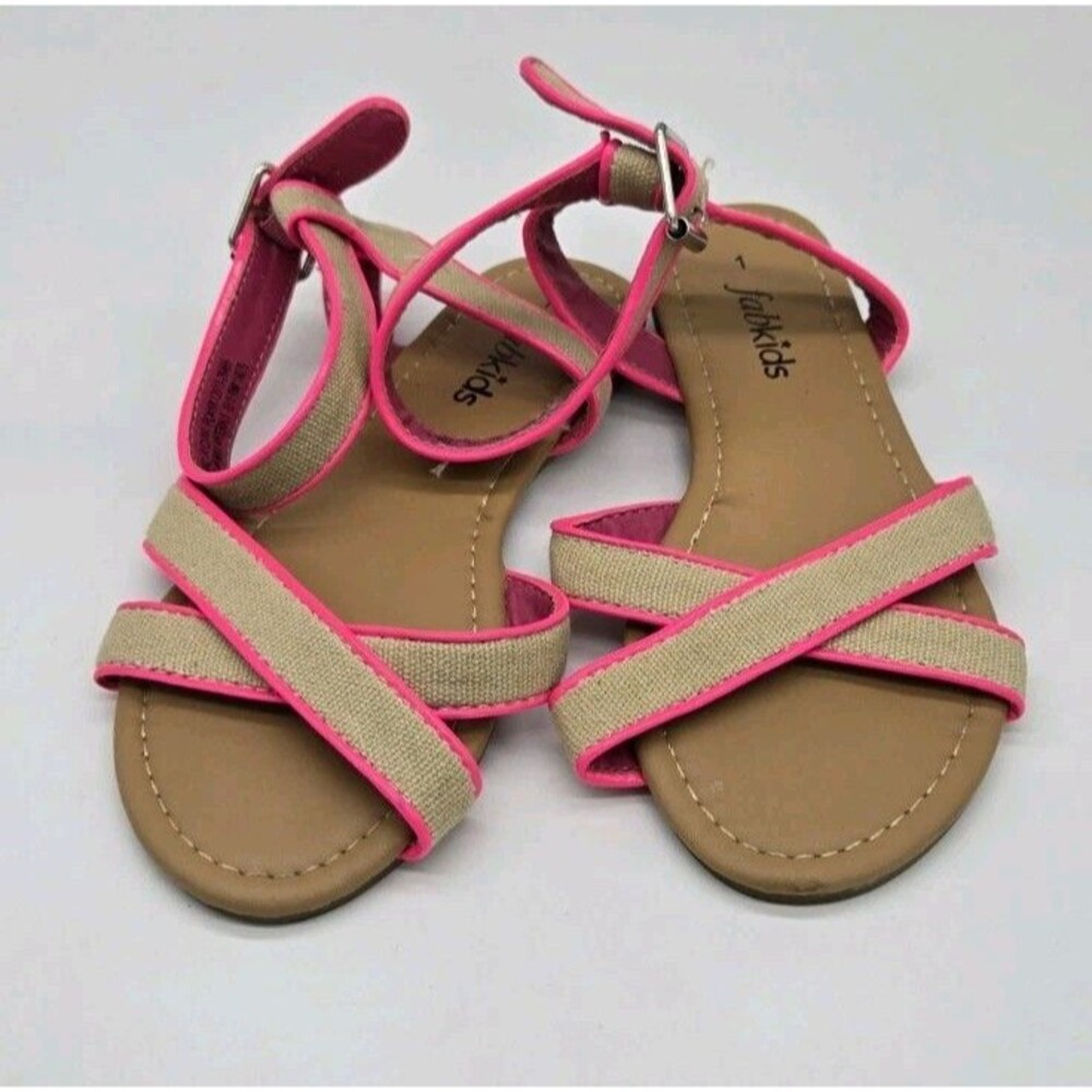 Fabkids Girls Flat Strappy Sandals Pink Beige Canvas Size 1 Ankle Strap & Buckle